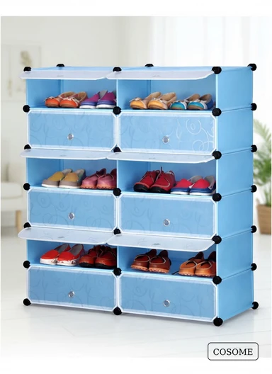 6-Tier Shoe Rack Space Saving 24-Pair Plastic Shoe Units With Doors, Modular Cube Storage, Ideal for Entryway Hallway Bathroom Living Room (W83 x D31 x H105)cm - Blue