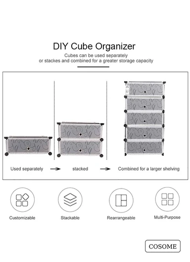 6-Tier Shoe Rack Space Saving 24-Pair Plastic Shoe Units With Doors, Modular Cube Storage, Ideal for Entryway Hallway Bathroom Living Room (W83 x D31 x H105)cm - Blue