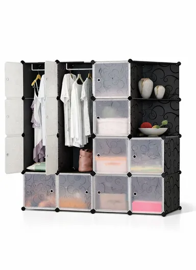 4 Shelves 14 Cubes DIY Clothing Mixed Colors Plastic Storage Cabinet (W140 x D35 x H140)cm - Black