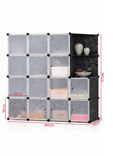 4 Shelves 14 Cubes DIY Clothing Mixed Colors Plastic Storage Cabinet (W140 x D35 x H140)cm - Black