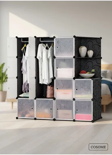 4 Shelves 14 Cubes DIY Clothing Mixed Colors Plastic Storage Cabinet (W140 x D35 x H140)cm - Black