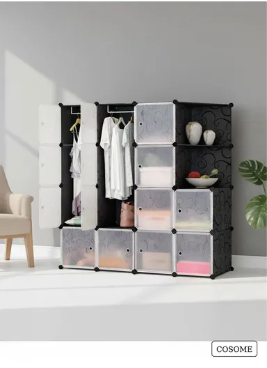 4 Shelves 14 Cubes DIY Clothing Mixed Colors Plastic Storage Cabinet (W140 x D35 x H140)cm - Black