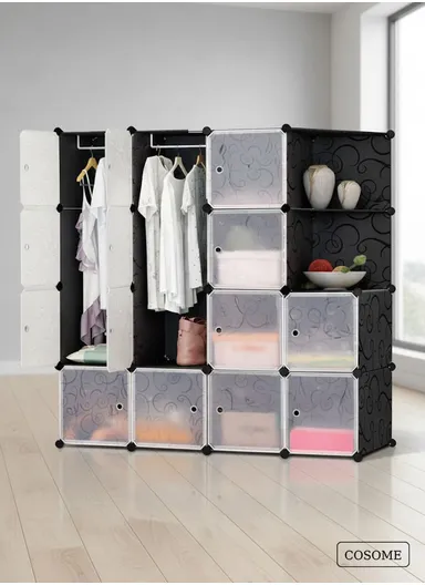 4 Shelves 14 Cubes DIY Clothing Mixed Colors Plastic Storage Cabinet (W140 x D35 x H140)cm - Black