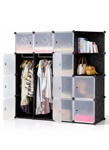 4 Shelves 14 Cubes DIY Clothing Mixed Colors Plastic Storage Cabinet (W140 x D35 x H140)cm - Black