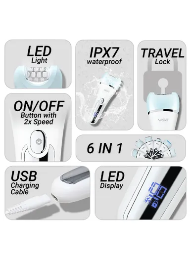 6-in-1 Waterproof Professional Epilator Lady Care Set For Women V-733 - Blue
