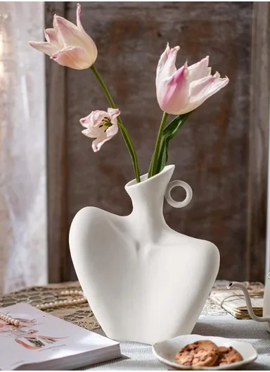 Body Art Ceramic Vase, Modern Minimalism Style  Clavicle Flower Vessel,  for Home Living Room Bedroom Desk Decor WZ11-22 (W18.5 x H22)cm - White