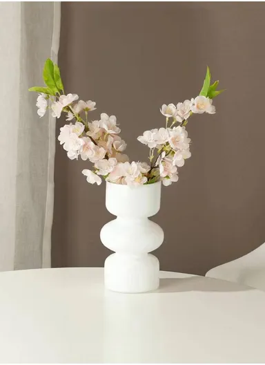 Nordic Style Simple White Ceramic Handmade Ribbed Vase, Home Decoration Craft Ornament For Table, Living Room, Office (D9 x H11)cm