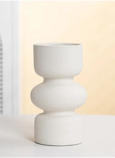 Nordic Style Simple White Ceramic Handmade Ribbed Vase, Home Decoration Craft Ornament For Table, Living Room, Office (D9 x H11)cm