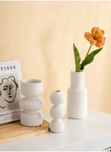 Nordic Style Simple White Ceramic Handmade Ribbed Vase, Home Decoration Craft Ornament For Table, Living Room, Office (D9 x H11)cm