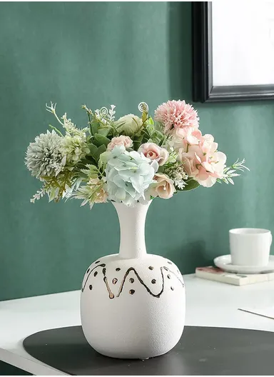 Vase European Gilded Ceramic Porcelain Flower Pots Decorative for Home Decor JK-011WK-2  (D15 x H22)cm - White + Gold