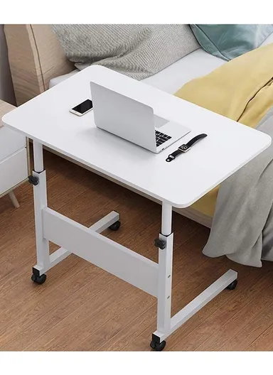 Adjustable Height Table, Movable Home Office Table, Laptop &amp; Study Table with Folding Design &amp; 360° Rotatable Lockable Wheels for Work from Home, Study, Laptop &amp; Breakfast YG27 (W80 x D40 x H60-90)cm - White