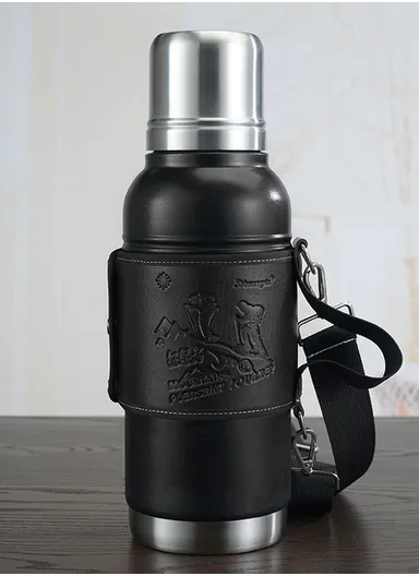 1000ml SS-304 Classic Vacuum Camp Mug  With Leather Case 5167 (D9 x H32)cm - Black
