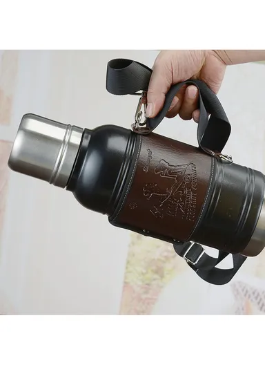 1000ml SS-304 Classic Vacuum Camp Mug  With Leather Case 5167 (D9 x H32)cm - Black