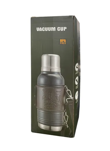 1000ml SS-304 Classic Vacuum Camp Mug  With Leather Case 5167 (D9 x H32)cm - Black