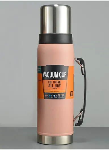 1000ml Double Wall SS-304 Vacuum Cup Thermos with Stopper &amp; Handle 5183 (D9 x H33)cm - Pink