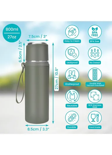800ml Classic Vacuum Bottle Leak-Proof For Hot &amp; Cold Drinks 5171 (D8 x H28)cm - Black
