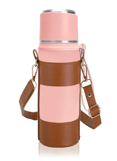 1000ml SS-304 Classic Vacuum Bottle Double Wall Large Mouth Leak-Proof  With Leather Case 5172 (D8 x H31)cm - Pink