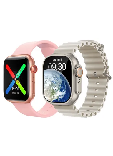 Couple Two Smart Watches 1.75" 47mm Full Touch Screen Wireless Charging (APP: FitPro) - Pink &amp; Grey Strap