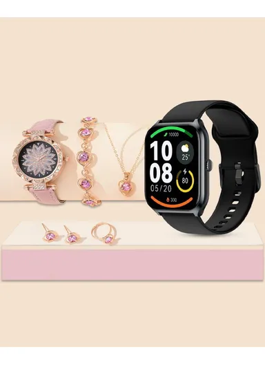 A68 Plus 1.75" 47mm Full Touch Screen Smart Watch &amp; Classic Watch With 2 Strap, Ring, Bracelet, Necklace, Earing &amp; Wireless Charger For Women (App: Fitpro) - Black