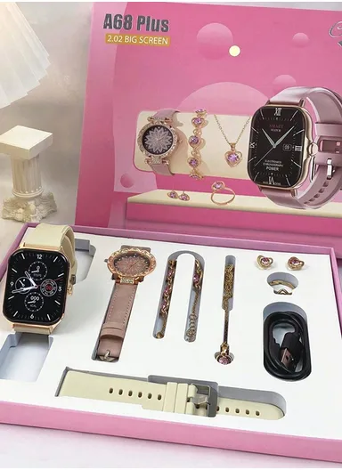 A68 Plus 1.75" 47mm Full Touch Screen Smart Watch &amp; Classic Watch With 2 Strap, Ring, Bracelet, Necklace, Earing &amp; Wireless Charger For Women (App: Fitpro) - Black