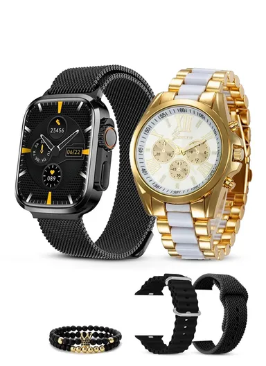 D68 1.75" 47mm Full Touch Screen Smart Watch &amp; Classic Watch With 3 Strap, 2 Bracelet &amp; Wireless Charger (App: Olywear) - Black