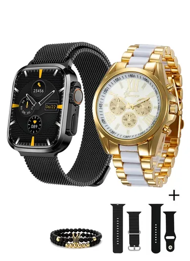 D68 1.75" 47mm Full Touch Screen Smart Watch &amp; Classic Watch With 3 Strap, 2 Bracelet &amp; Wireless Charger (App: Olywear) - Black