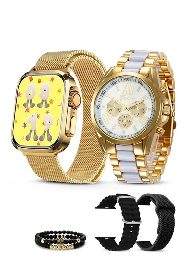 D68 1.75" 47mm Full Touch Screen Smart Watch &amp; Classic Watch With 3 Strap, 2 Bracelet &amp; Wireless Charger (App: Olywear) - Gold