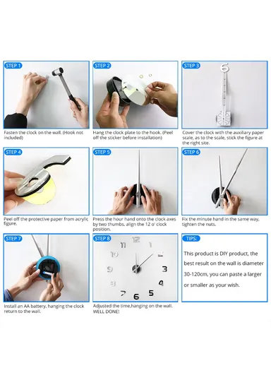 60cm Large 3D DIY Frameless Wall Clock, Stick-On Adhesive Acrylic Mute Wall Clock, Decor Wall Clock for Living Room, Office, Bedroom Room &amp; Decoration 12s052 - Silver