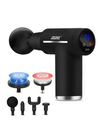 6-Gear Hot &amp; Cold Therapy Portable Massage Gun, Deep Tissue Percussion Muscle Mini Massager for Pain Relief, Handheld with 3800 Percussions/min &amp; 6 Massage Head MD-XY-17 - Black