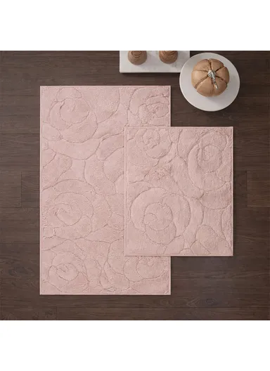 2 Pieces Gilly Flower Elegant Bath Mat Set 50 x 80 - 50 x 40 cm - Powder Pink