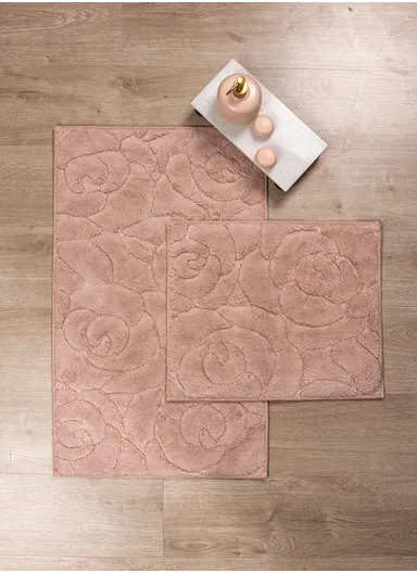 2 Pieces Gilly Flower Elegant Bath Mat Set 50 x 80 - 50 x 40 cm - Powder Pink