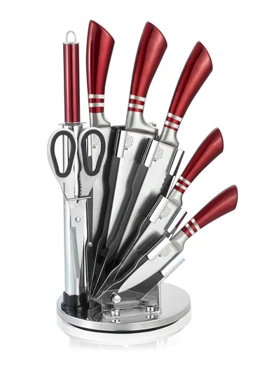 8pcs Stainless Steel Kitchen Knife Set With 5 Knives, Scissors, Sharpener &amp; Stand - Red