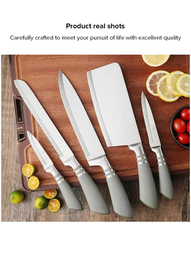 8pcs Stainless Steel Kitchen Knife Set With 5 Knives, Scissors, Sharpener &amp; Stand - Red