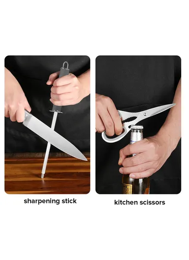 8pcs Stainless Steel Kitchen Knife Set With 5 Knives, Scissors, Sharpener &amp; Stand - Red