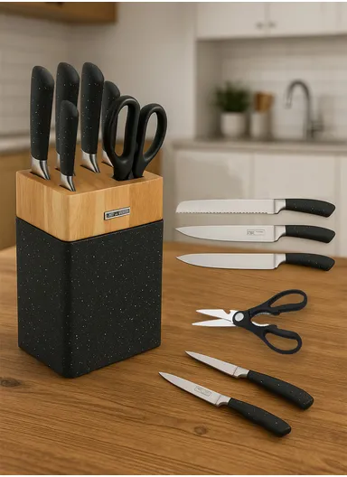 7PCS Stainless Steel Kitchen Knife Set With Scissors &amp; Wooden Stand - Black