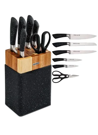 7PCS Stainless Steel Kitchen Knife Set With Scissors &amp; Wooden Stand - Black