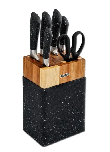 7PCS Stainless Steel Kitchen Knife Set With Scissors &amp; Wooden Stand - Black