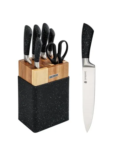 7PCS Stainless Steel Kitchen Knife Set With Scissors &amp; Wooden Stand - Black