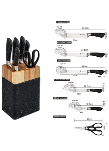 7PCS Stainless Steel Kitchen Knife Set With Scissors &amp; Wooden Stand - Black