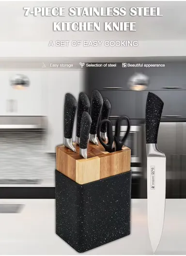 7PCS Stainless Steel Kitchen Knife Set With Scissors &amp; Wooden Stand - Black