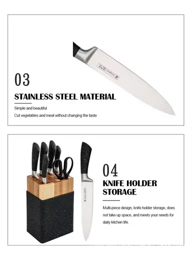 7PCS Stainless Steel Kitchen Knife Set With Scissors &amp; Wooden Stand - Black