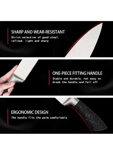 7PCS Stainless Steel Kitchen Knife Set With Scissors &amp; Wooden Stand - Black