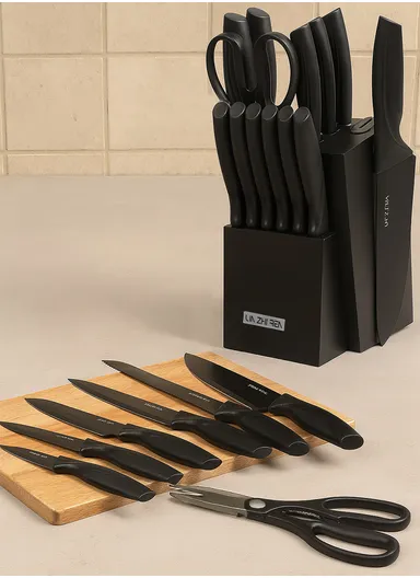 14-Pcs Professional Stainless Steel Knife Set with Wooden Stand &amp; Built-in Sharpener, Stainless Steel Chef Knife Set, Slicing Knife, Bread Knife, Utility &amp; Paring Knife A58A_15M01 - Black