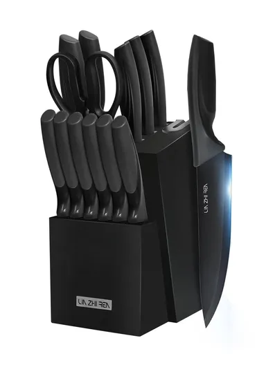 14-Pcs Professional Stainless Steel Knife Set with Wooden Stand &amp; Built-in Sharpener, Stainless Steel Chef Knife Set, Slicing Knife, Bread Knife, Utility &amp; Paring Knife A58A_15M01 - Black