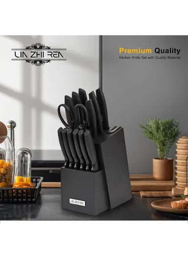 14-Pcs Professional Stainless Steel Knife Set with Wooden Stand &amp; Built-in Sharpener, Stainless Steel Chef Knife Set, Slicing Knife, Bread Knife, Utility &amp; Paring Knife A58A_15M01 - Black