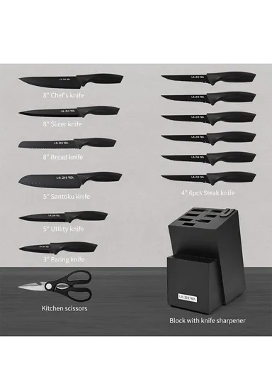 14-Pcs Professional Stainless Steel Knife Set with Wooden Stand &amp; Built-in Sharpener, Stainless Steel Chef Knife Set, Slicing Knife, Bread Knife, Utility &amp; Paring Knife A58A_15M01 - Black