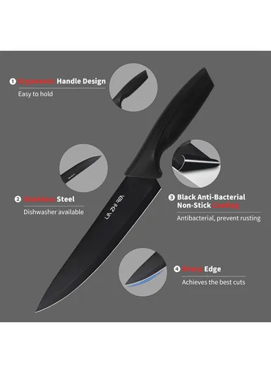 14-Pcs Professional Stainless Steel Knife Set with Wooden Stand &amp; Built-in Sharpener, Stainless Steel Chef Knife Set, Slicing Knife, Bread Knife, Utility &amp; Paring Knife A58A_15M01 - Black