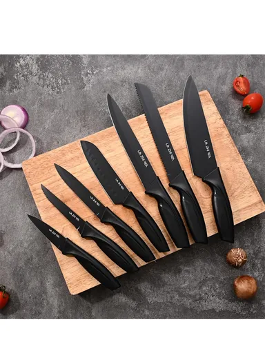 14-Pcs Professional Stainless Steel Knife Set with Wooden Stand &amp; Built-in Sharpener, Stainless Steel Chef Knife Set, Slicing Knife, Bread Knife, Utility &amp; Paring Knife A58A_15M01 - Black