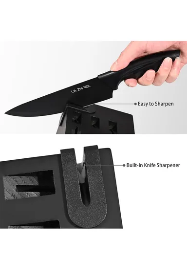 14-Pcs Professional Stainless Steel Knife Set with Wooden Stand &amp; Built-in Sharpener, Stainless Steel Chef Knife Set, Slicing Knife, Bread Knife, Utility &amp; Paring Knife A58A_15M01 - Black