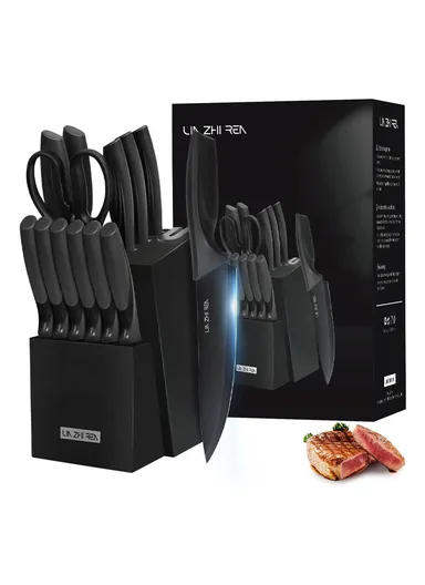 14-Pcs Professional Stainless Steel Knife Set with Wooden Stand &amp; Built-in Sharpener, Stainless Steel Chef Knife Set, Slicing Knife, Bread Knife, Utility &amp; Paring Knife A58A_15M01 - Black